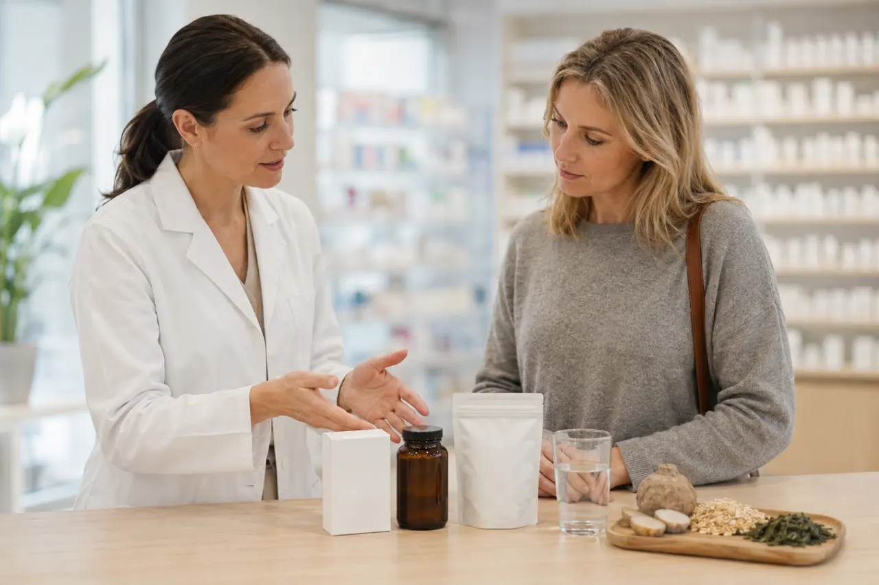 Farmaceut visar en kund receptfria preparat för viktminskning vid apoteksdisken